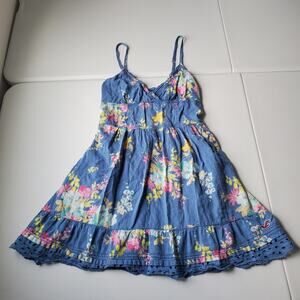 Y2K Hollister Dress Womens Medium Blue Floral Cotton Sundress Eyelet Hem Summer